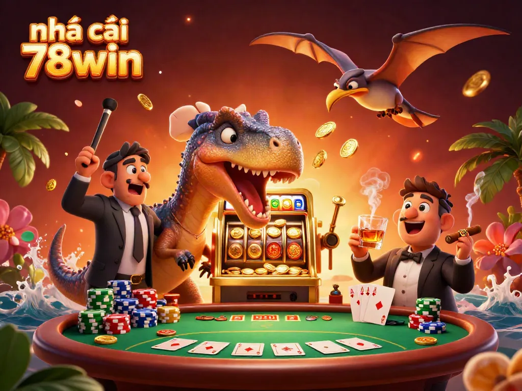 nhà cái 78win stands out as jackpot coins fly from a slot machine, with dynamic casino scenes around