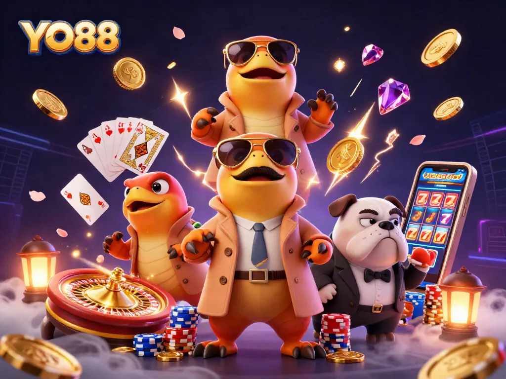 Engage with YO88's thrilling VIP casino atmosphere as raptors in disguise try to enter, filled with sparkling gaming elements.