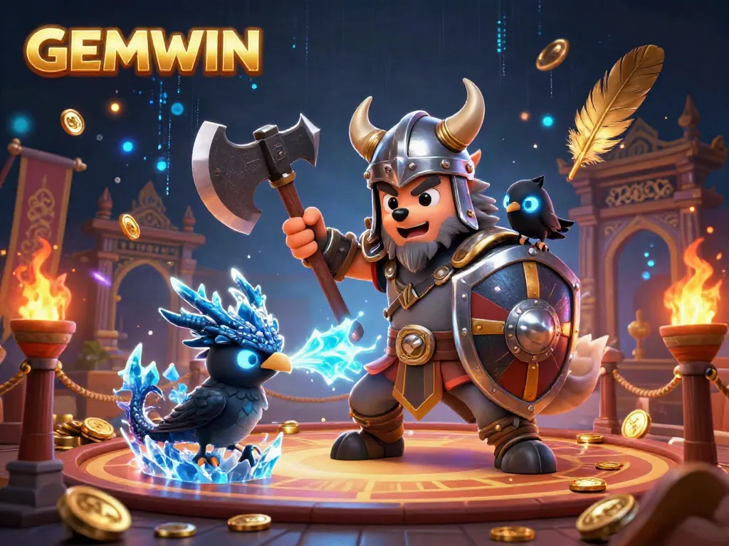 Engaging GEMWIN illustration featuring a Viking warrior and dragon in a vibrant casino setting.