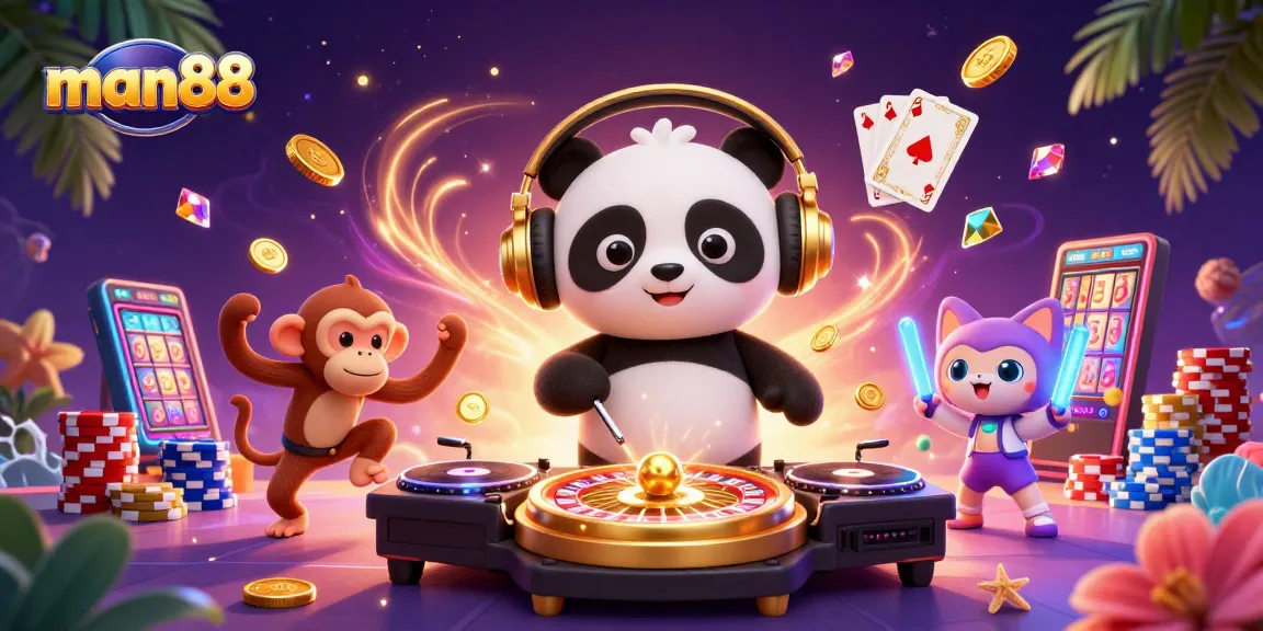 Spin with man88's vibrant casino scene, featuring a DJ panda and lively companions amidst a cascade of winnings.