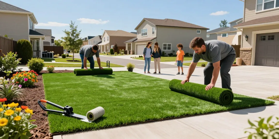 Fake Grass Ottawa installation by professionals transforming a family yard into a vibrant lawn.