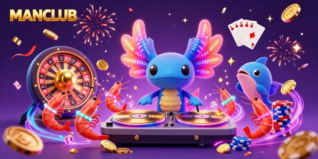MANCLUB: Enjoy vibrant gameplay with a neon axolotl DJ and sparkling casino elements.