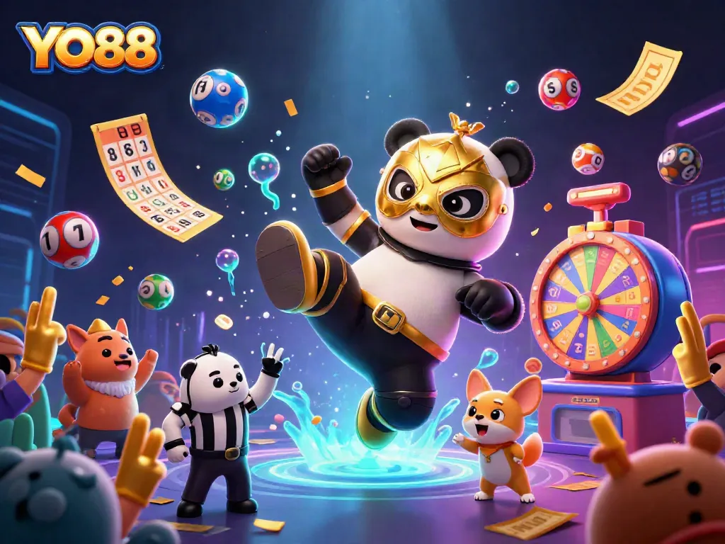 YO88 showcases a vibrant scene with a panda wrestler and lottery elements in a dynamic casino environment.