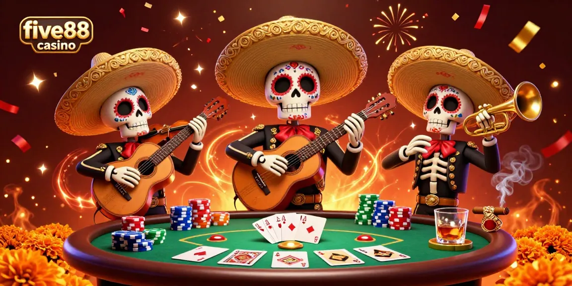 Experience the excitement at five88 casino with vibrant mariachi art set at a poker table filled with chips.