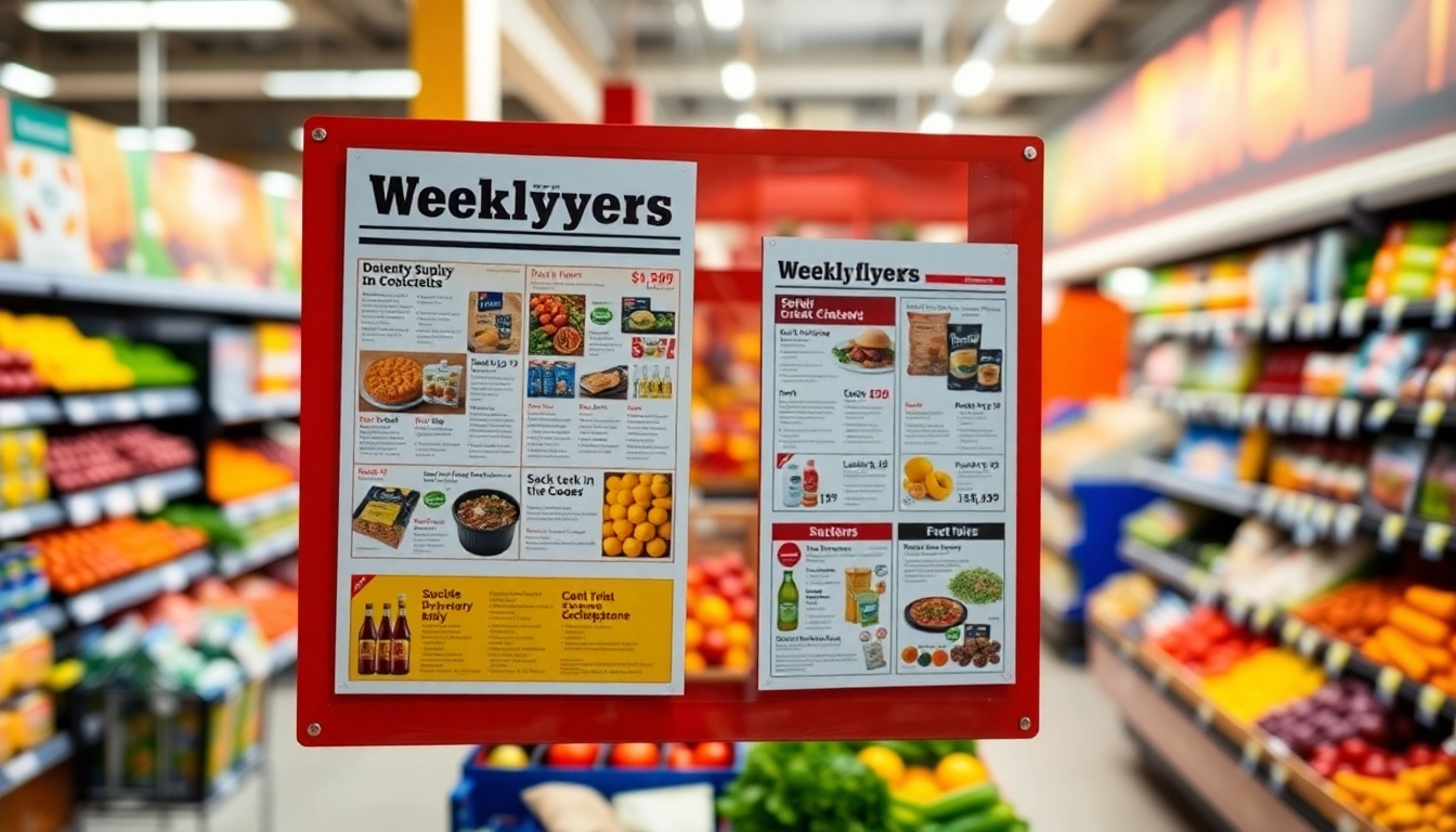 View attractive Weekly Flyers highlighting grocery deals and offers on display in a supermarket.