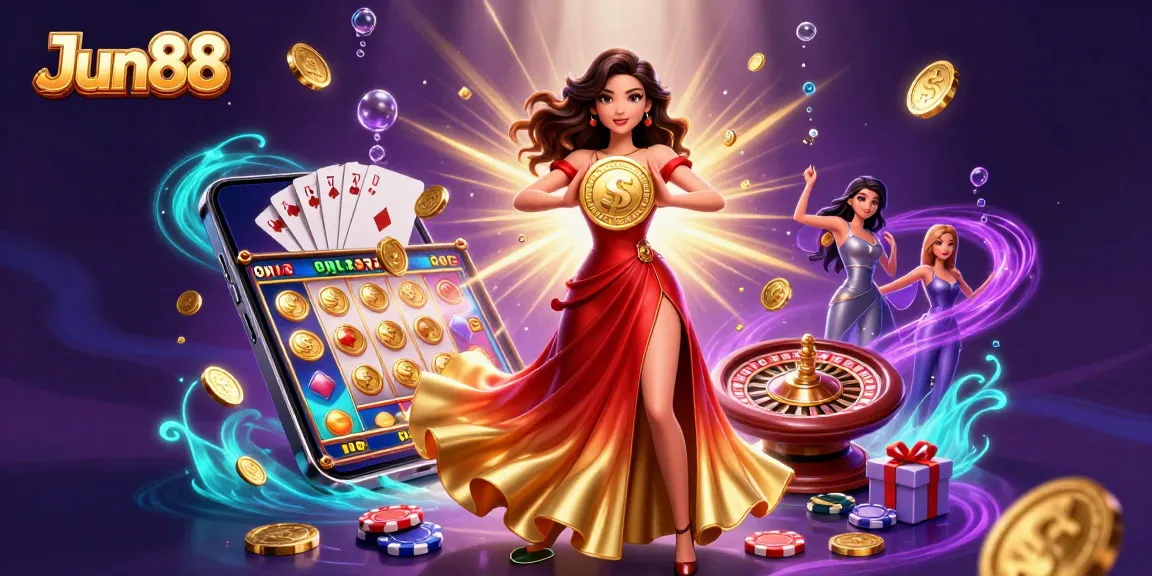 Experience Jun88's thrilling gaming with a stunning illustration of an Asian woman holding golden coins amid dynamic casino elements.