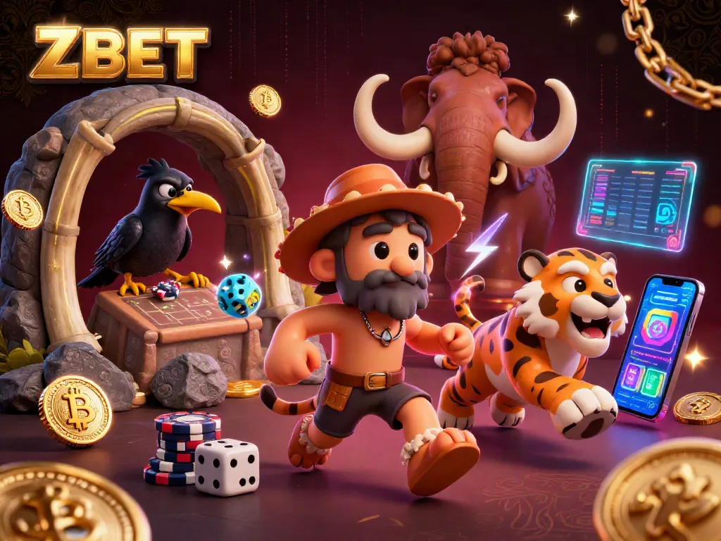 ZBET inspired scene with cavemen, poker chips, crypto elements, and gaming excitement.