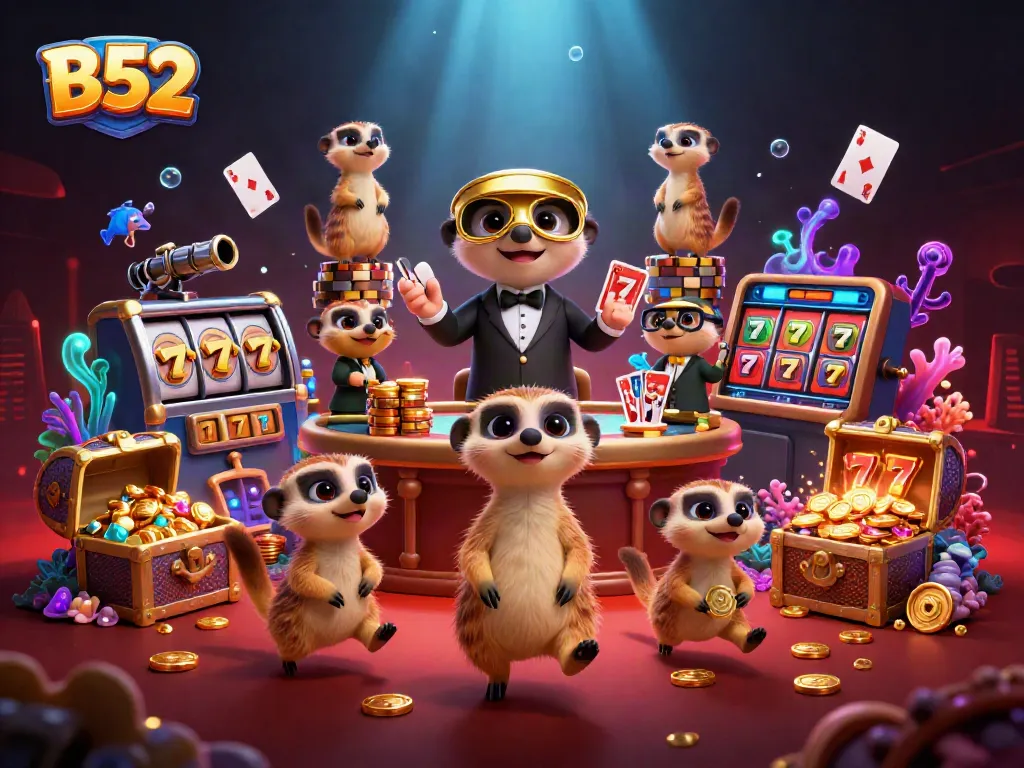Engage with vibrant B52 casino scene showcasing meerkats enchanting gamers with chips and vibrant treasures.