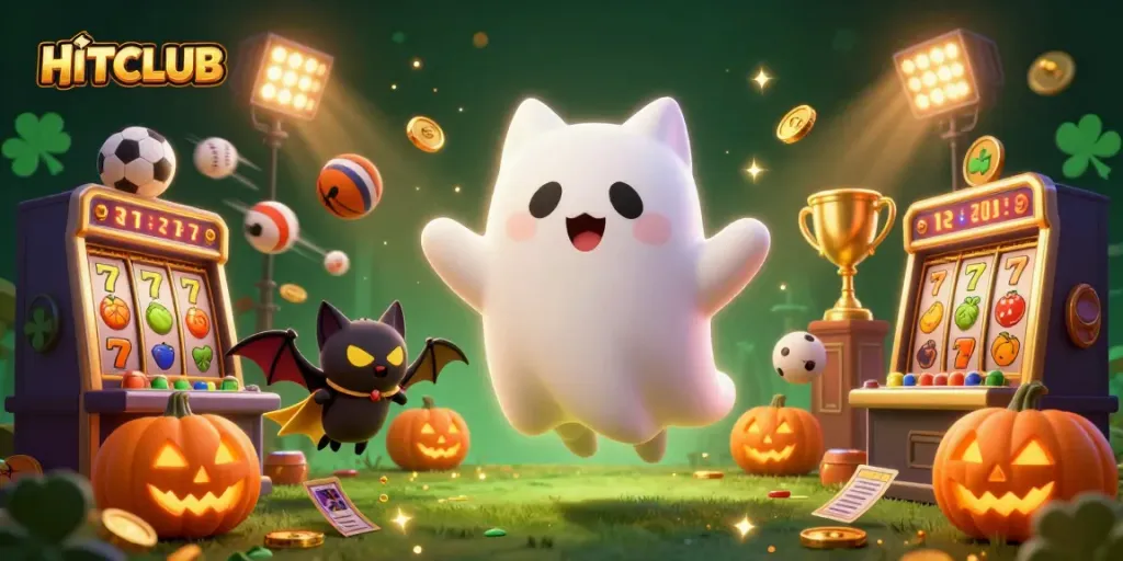 Experience the excitement of HITCLUB with our vibrant casino scene featuring ghostly characters and sports betting elements.