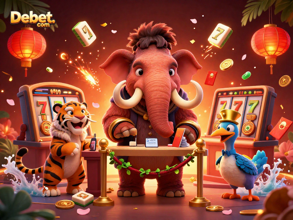 Exciting scene at Debet. com featuring vibrant casino elements and characters like a woolly mammoth bouncer.