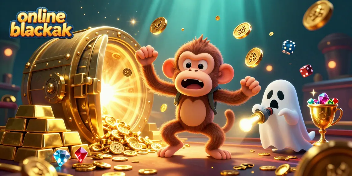Engage in online blackjack excitement with a playful ghost-hunter puppy tracking a poltergeist monkey in a vibrant casino scene.