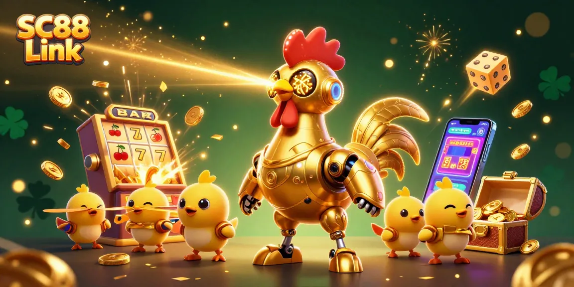 Experience SC88 Link with an electrifying jackpot explosion featuring a golden rooster robot and slots.