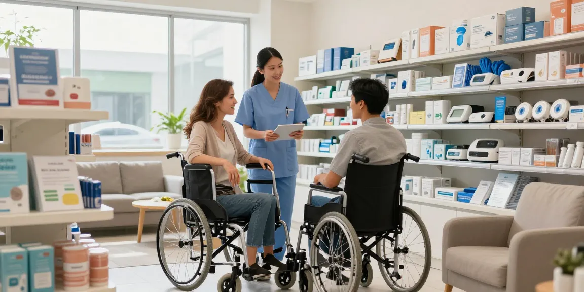 Customer interaction at a medical supply store featuring mobility aids and healthcare products.