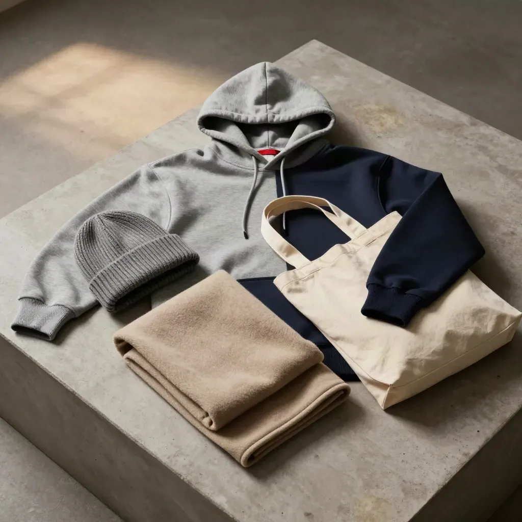 Overhead flatlay of grey and navy school spirit hoodies with beanie, tote, and fleece throw on stone.