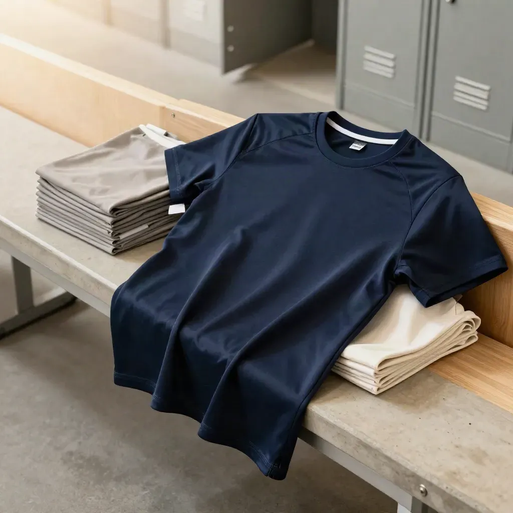 Unbranded navy team shirts spilling from a carton in a bright locker-room setting.
