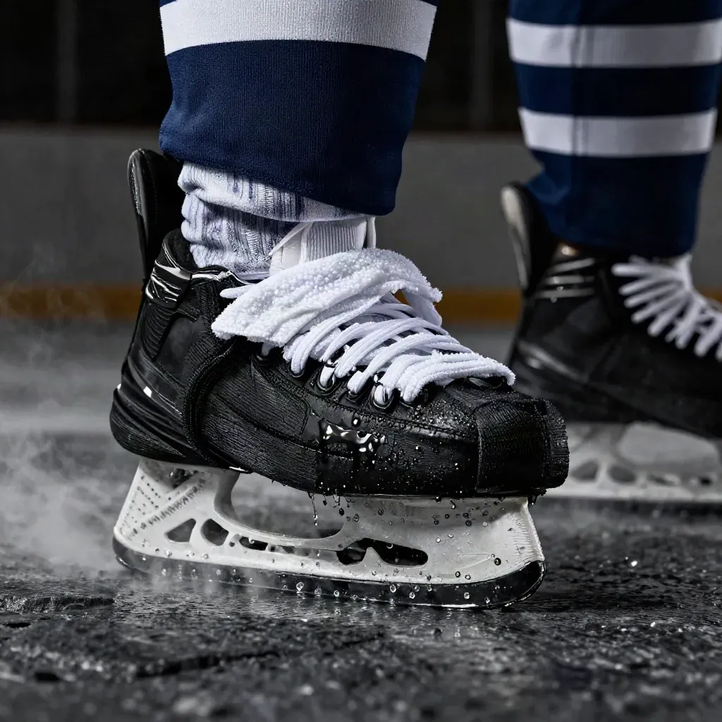 Extreme macro of navy and white hockey jerseys on wet black stone with towel and socks