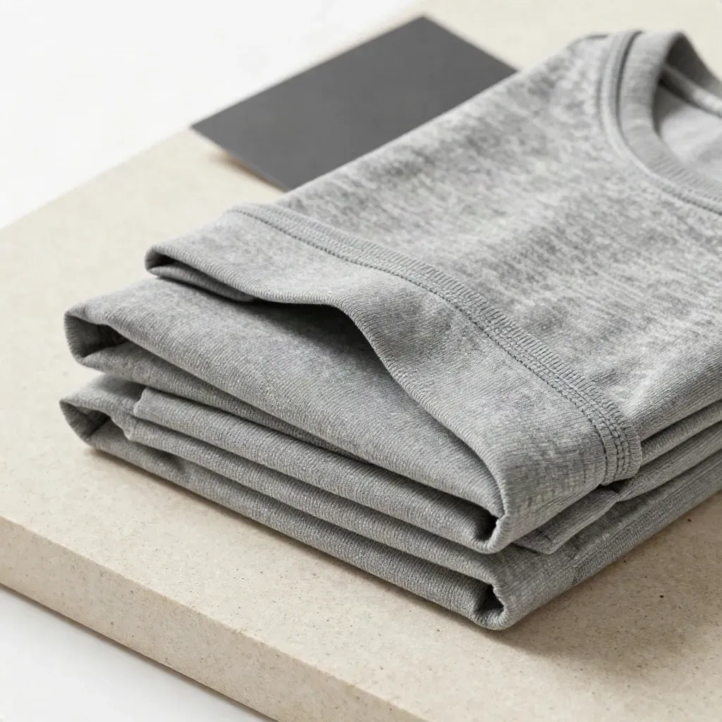 Macro of folded heather grey practice tees on pale limestone with charcoal accent