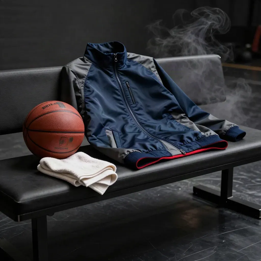 Draped basketball warmups on a bench with ball, towel and pouch in moody studio light.