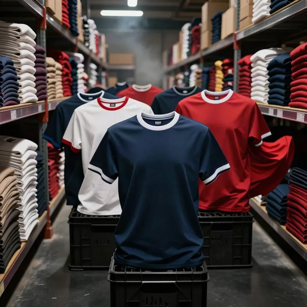 Stacked team shirts in a dramatic warehouse aisle, with red shirts flaring outward in motion.
