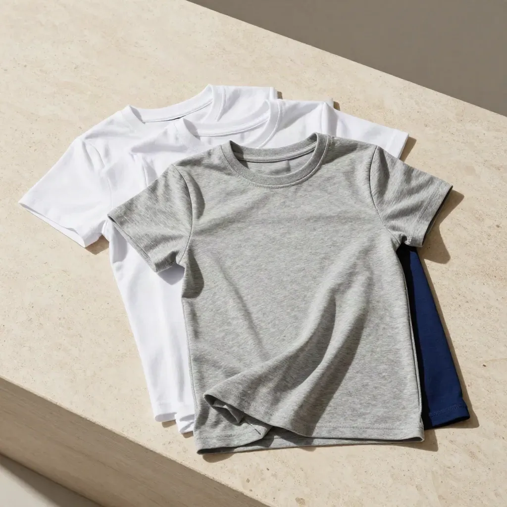 Five youth tees fanned on pale stone in a clean overhead product flatlay.