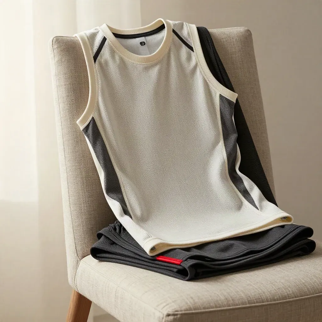 Macro close-up of women’s volleyball jerseys draped over a linen chair with folded shorts