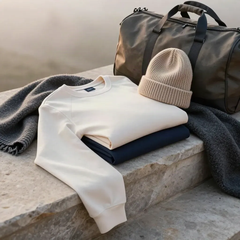 Folded long sleeve team tees beside a wool blanket and sideline gear on a stone step.