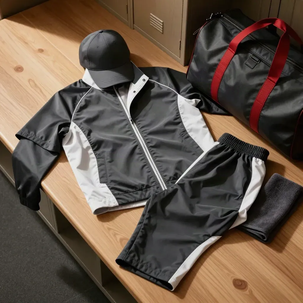 Overhead baseball warmup jacket, pants, cap, duffel and towel on a pale wood bench