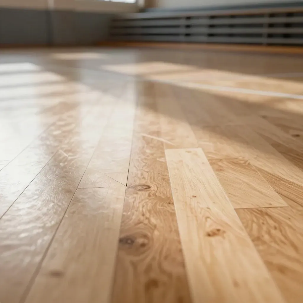 Sunlit maple gym floor with bleachers above and a pale court band, calm open space below.