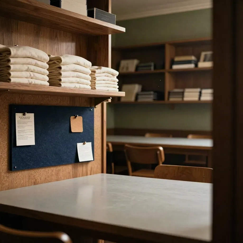 Warm club room with walnut shelves, felt board shapes, and a pale tabletop in soft afternoon light.