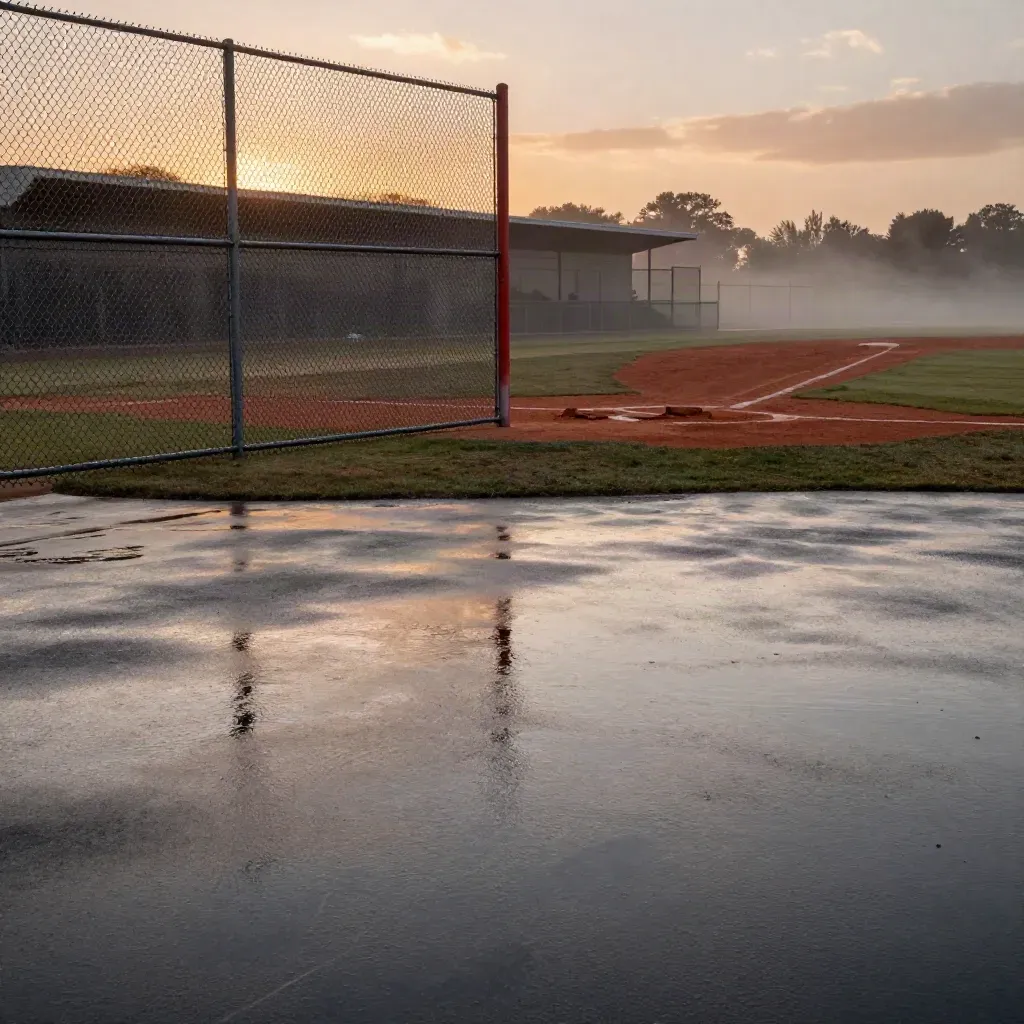 Rainy baseball diamond at sunset with fence, dugout roofline, puddles and a red foul pole.