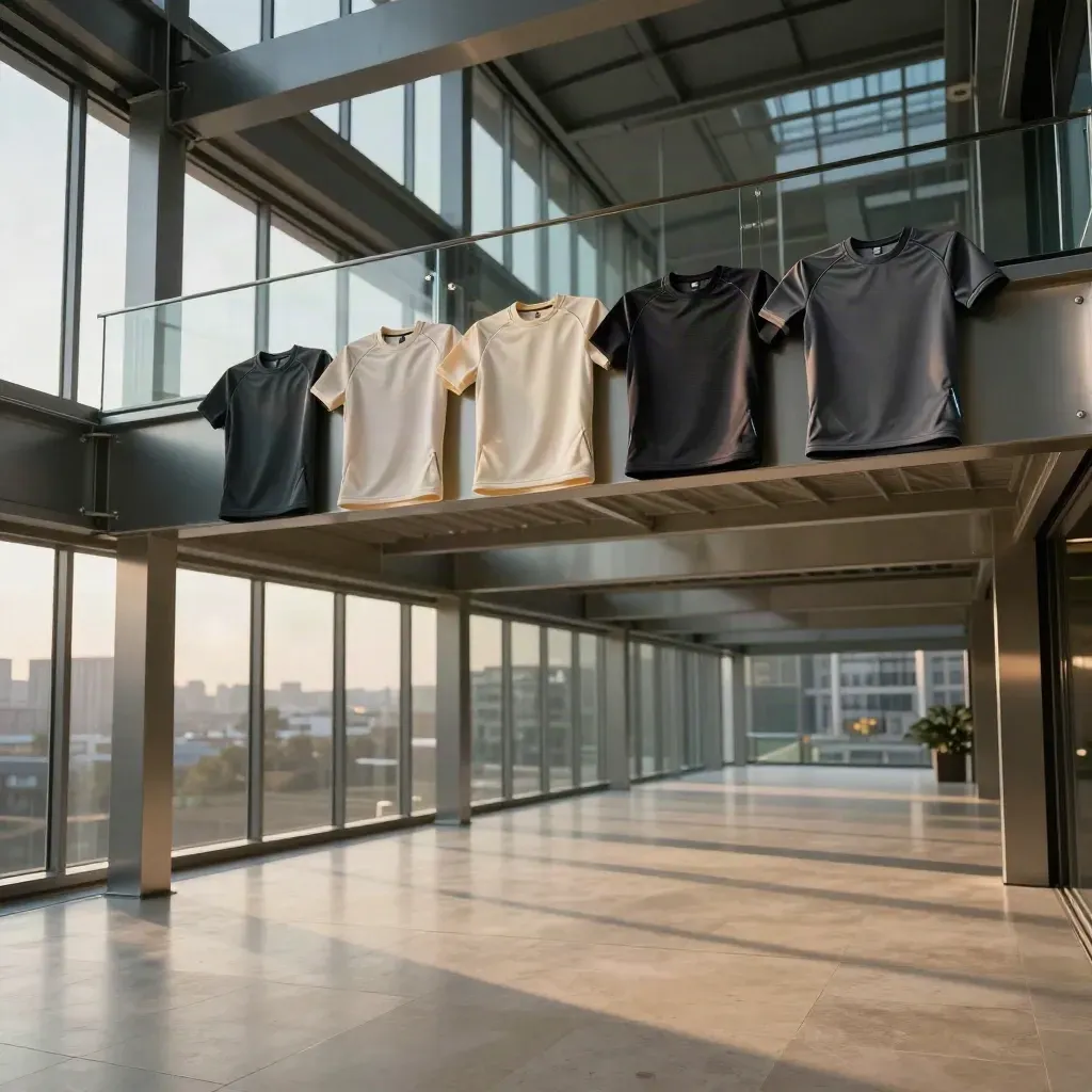 Glass atrium corridor with stone floor, steel beams, and a soft city glow at blue hour.