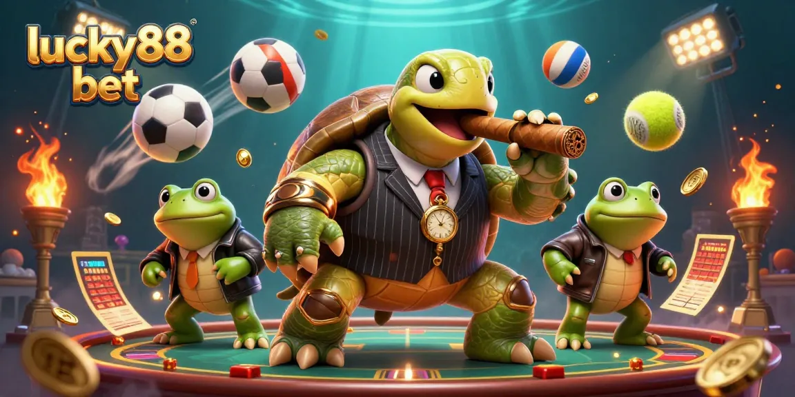 Experience thrilling action with lucky88 bet featuring a cartoon turtle and bullfrogs in a vibrant casino.