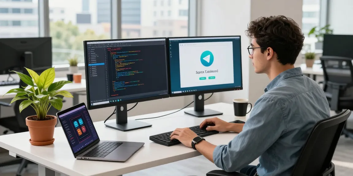 Developer focusing on Telegram download at a modern workspace with dual monitors and vibrant tech ambiance.