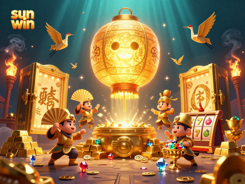 Experience sun win excitement with a dynamic casino scene filled with characters and treasures.