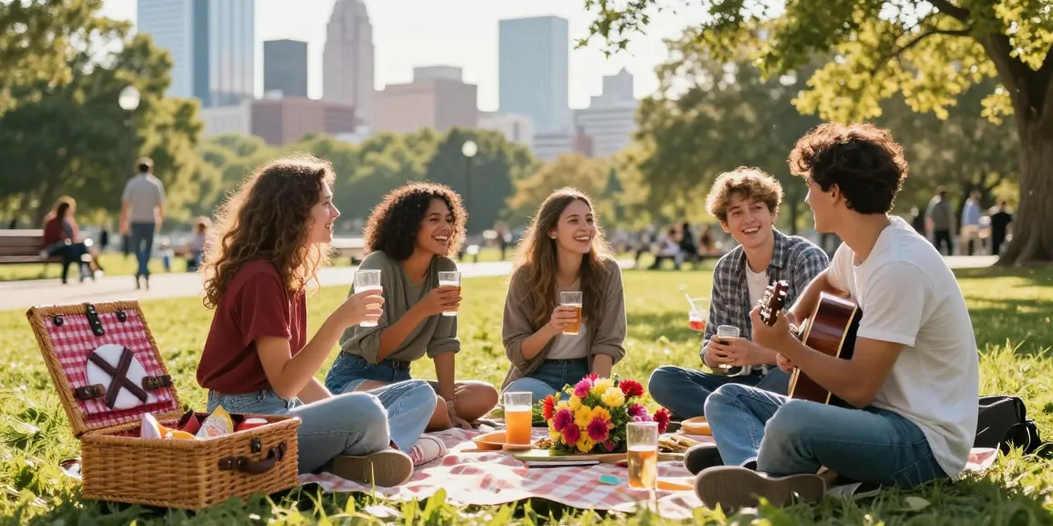 Youthful group enjoying a sunny afternoon in the park, showcasing a crush on friendship and connection in a vibrant urban setting.