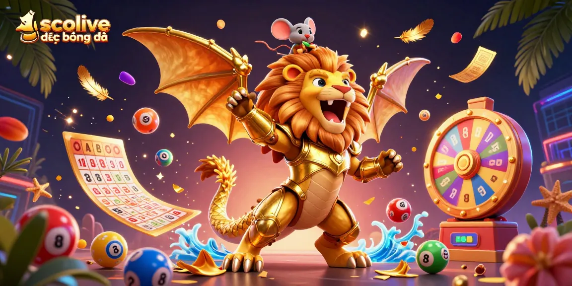 Socolive trực tiếp bóng đá dynamic betting scene featuring a triumphant chimera and colorful lottery elements.