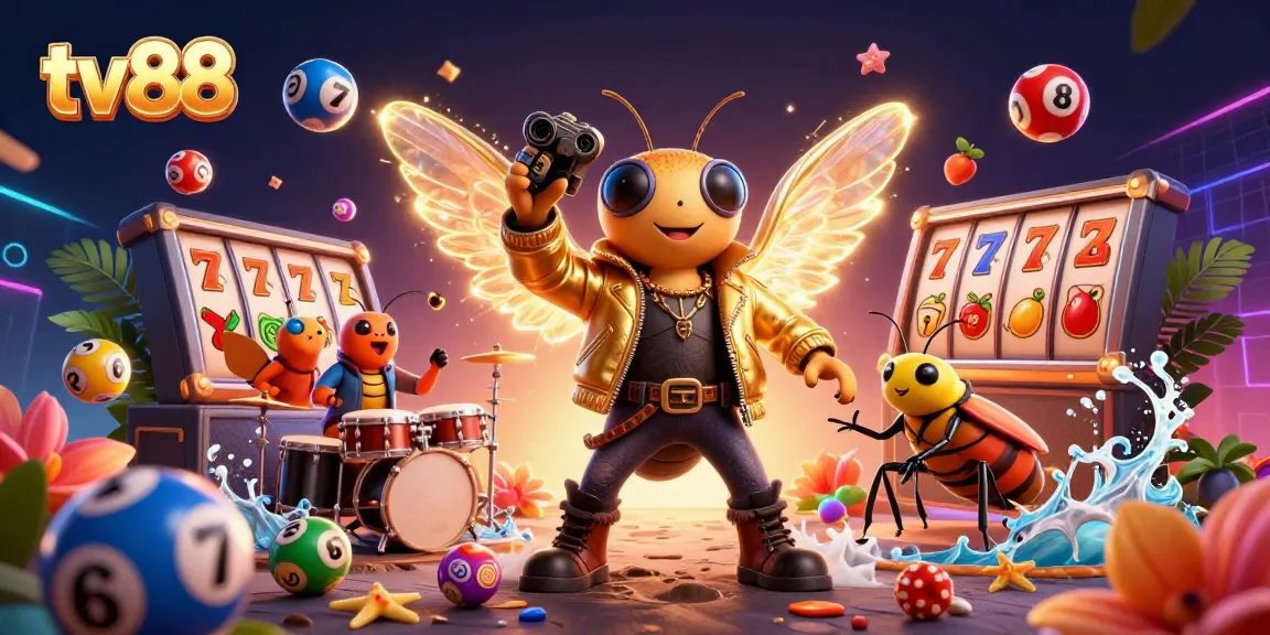 Experience thrilling gameplay with tv88 as a 3D rock star leads a vibrant casino illustration.