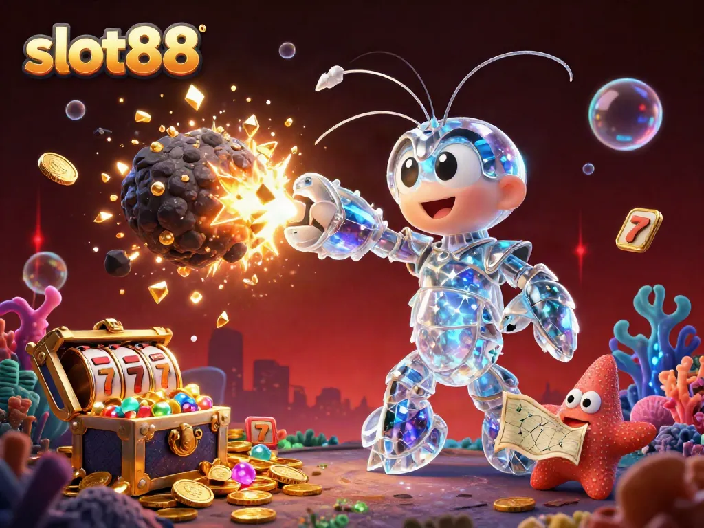Engage with slot88's vibrant 3D illustration featuring a galactic shrimps and treasure explosion, showcasing thrilling casino energy.