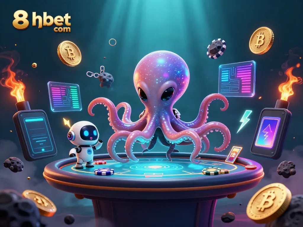 Win big with the digital poker experience at 8xbet com, featuring an alien octopus and crypto elements.