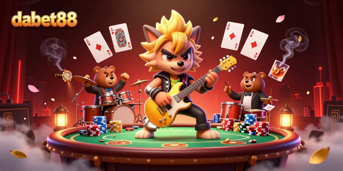 dabet88 showcases thrilling gambling action with a rock star wolf and drummer bear amid poker excitement.