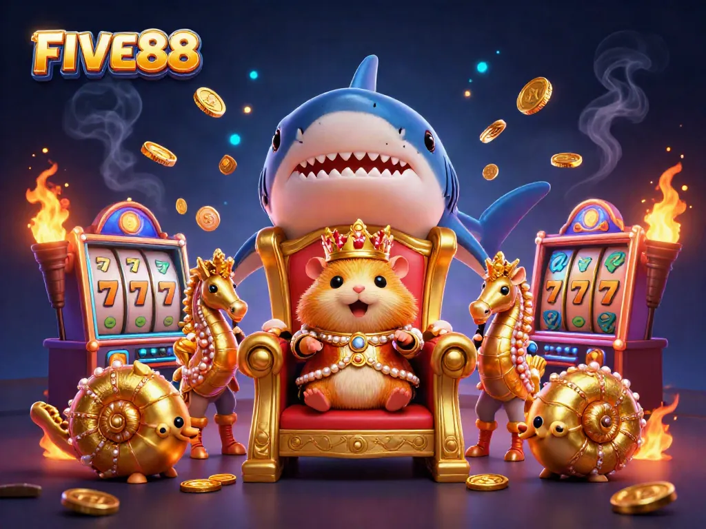 Engage with exciting slots as FIVE88's golden hamster king leads a vibrant casino realm.