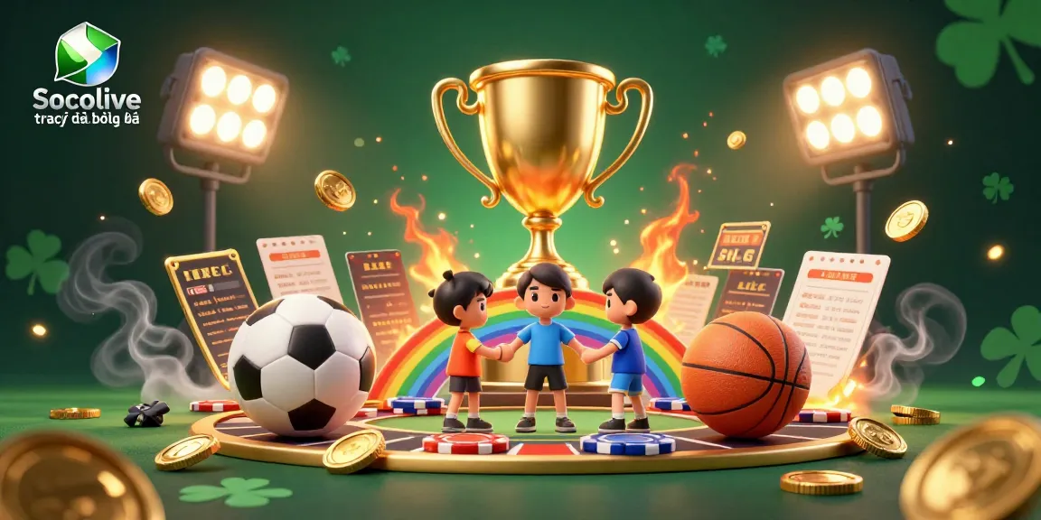 Socolive trực tiếp bóng đá offers dynamic sports viewing with a vibrant 3D casino scene filled with energetic elements.