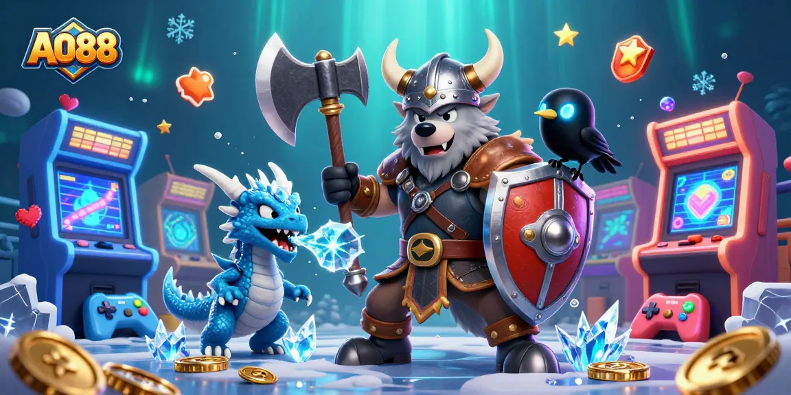 Engage in thrilling gameplay at AO88, featuring a Viking wolf warrior, ice-breathing dragon, and mystical gaming elements.