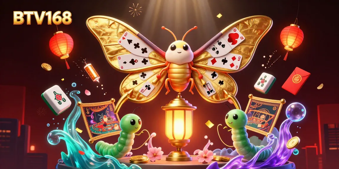 Experience vibrant gaming with BTV168 featuring a golden-winged moth in a rich casino-themed illustration.