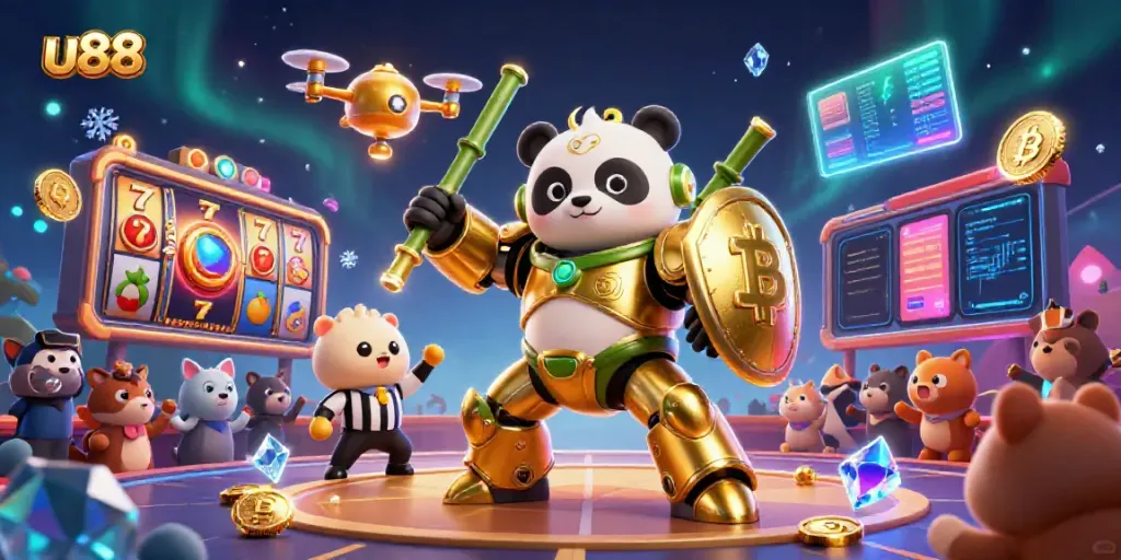 Join the excitement of u88 with golden panda piloting a robot in a vibrant casino atmosphere filled with slots and crypto elements.