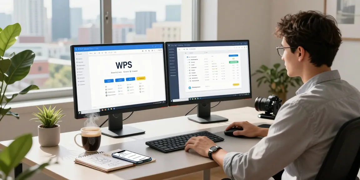 WPS Download interface on multiple screens in a modern home office.