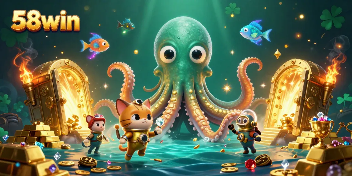 Experience thrilling treasures with 58win as a colossal kraken and diving cat shimmer amidst golden riches.