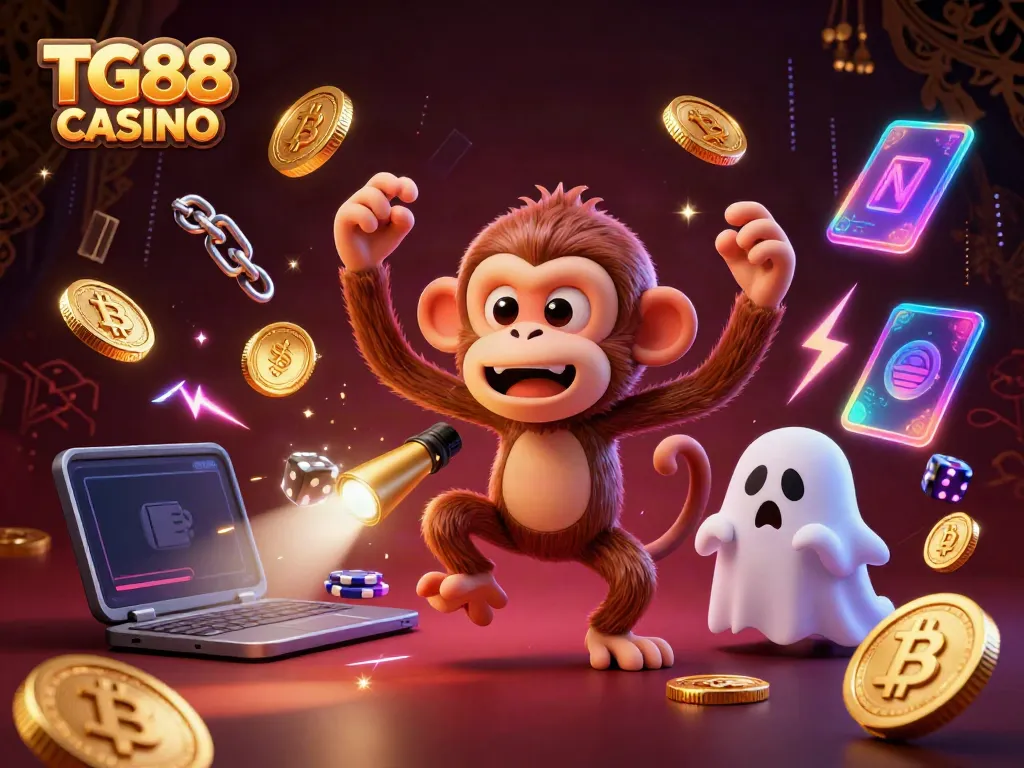 Engage in fun at TG88 CASINO with a playful poltergeist monkey and ghost-hunter puppy in a vibrant casino.