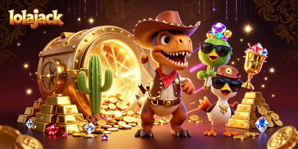 Experience excitement at lolajack casino with a vibrant scene filled with cartoon characters and treasures.