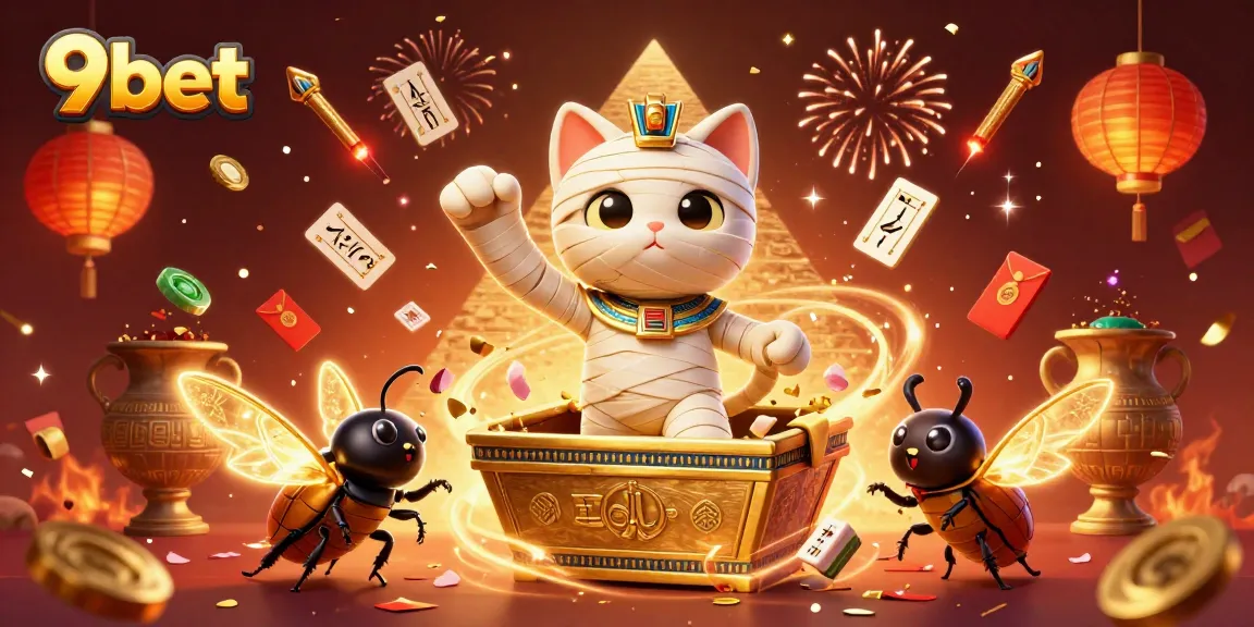 Engage with 9bet's exciting pyramid casino scene featuring a vibrant mummy cat and glowing scarab beetle.